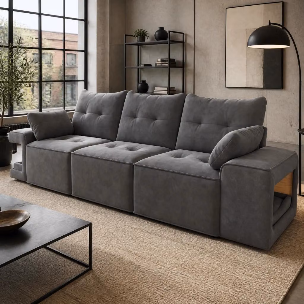 Divano modulare Mivray a 3 posti in velluto grigio con vani contenitore, nicchie imbottite per piccoli animali e cuscini inclusi, L: 229.5 cm, P: 84 cm, H: 78 cm – 2