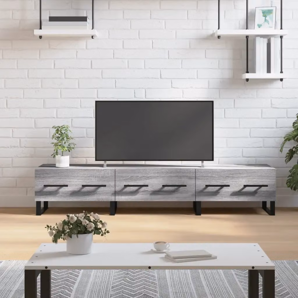 Mobile TV moderno in legno e metallo grigio con scomparti multimediali L: 150 cm, P: 36 cm, H: 30 cm – 2