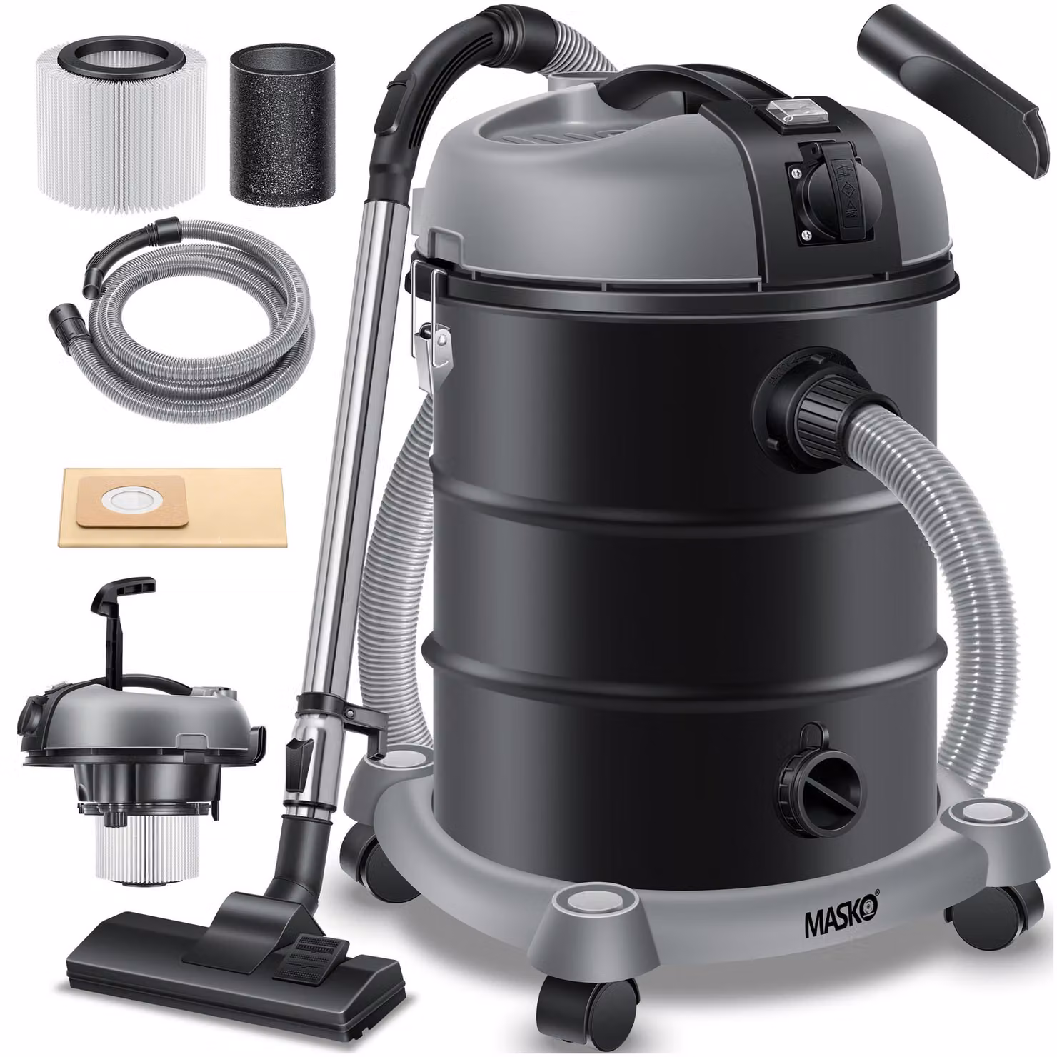 Aspirapolvere industriale MASKO®, aspiraliquidi/asciutti, filtro HEPA, 2300W, 30L, sistema di filtraggio 3in1, con e senza sacco
