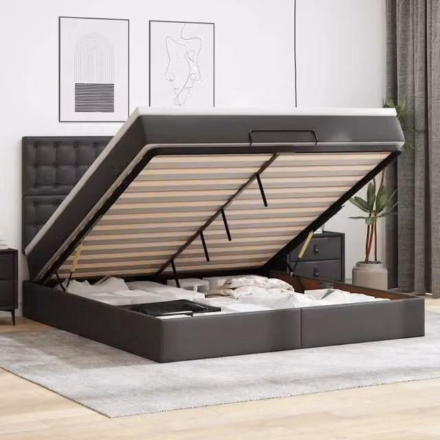 Letto con contenitore a sollevamento e materasso vidaXL in similpelle nero e bianco L/P/H: 203 x 180 x 118 cm