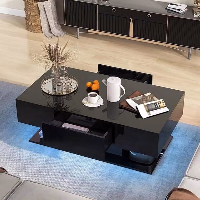Tavolino da Caffè Moderno Costway con 20 Luci LED Colorate, 2 Cassetti e Finitura Lucida, Rettangolare, Nero – 1