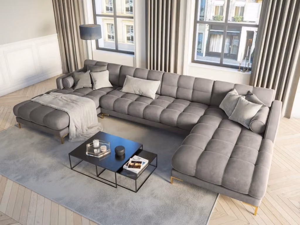 Divano panoramico Bali da 7 posti Cosmopolitan Design in velluto grigio chiaro con dettagli oro e struttura in metallo L/P/H: 383 x 185 x 75 cm – 2