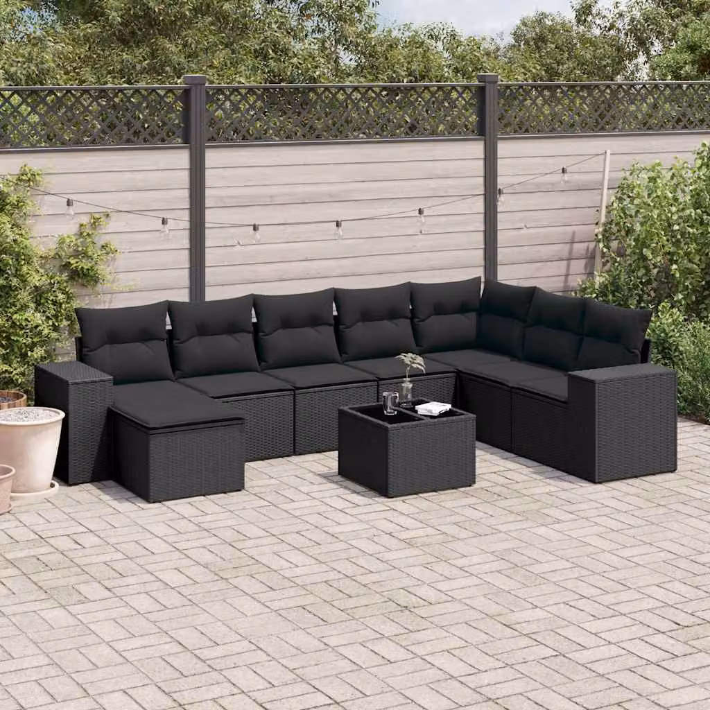 Set di divani da giardino vidaXL in polyrattan nero con cuscini, tavolino e pouf, design moderno a L – 1