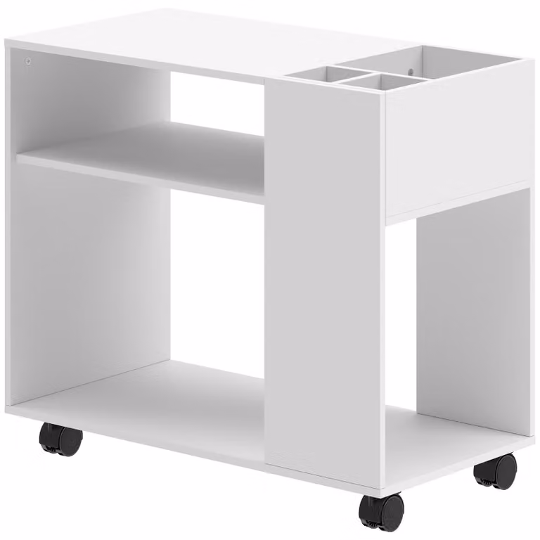 Tavolino da Salotto 70x36x60 cm con Ruote Vani Aperti Ripiano e Scomparto Superficie in Melamina Bianco