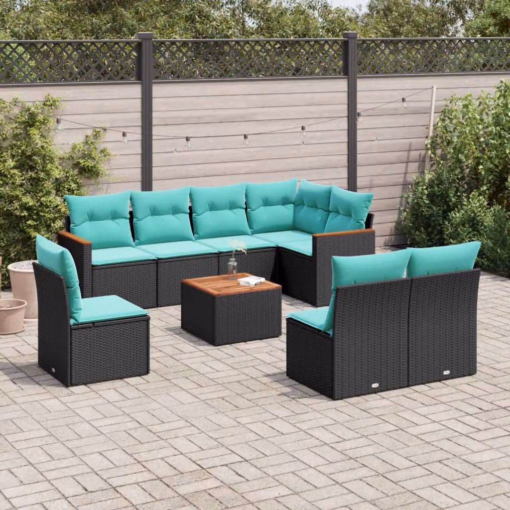 Set Divani da Giardino vidaXL 9 pz a Forma a L con Tavolino, Polyrattan e Cuscini Blu e Nero