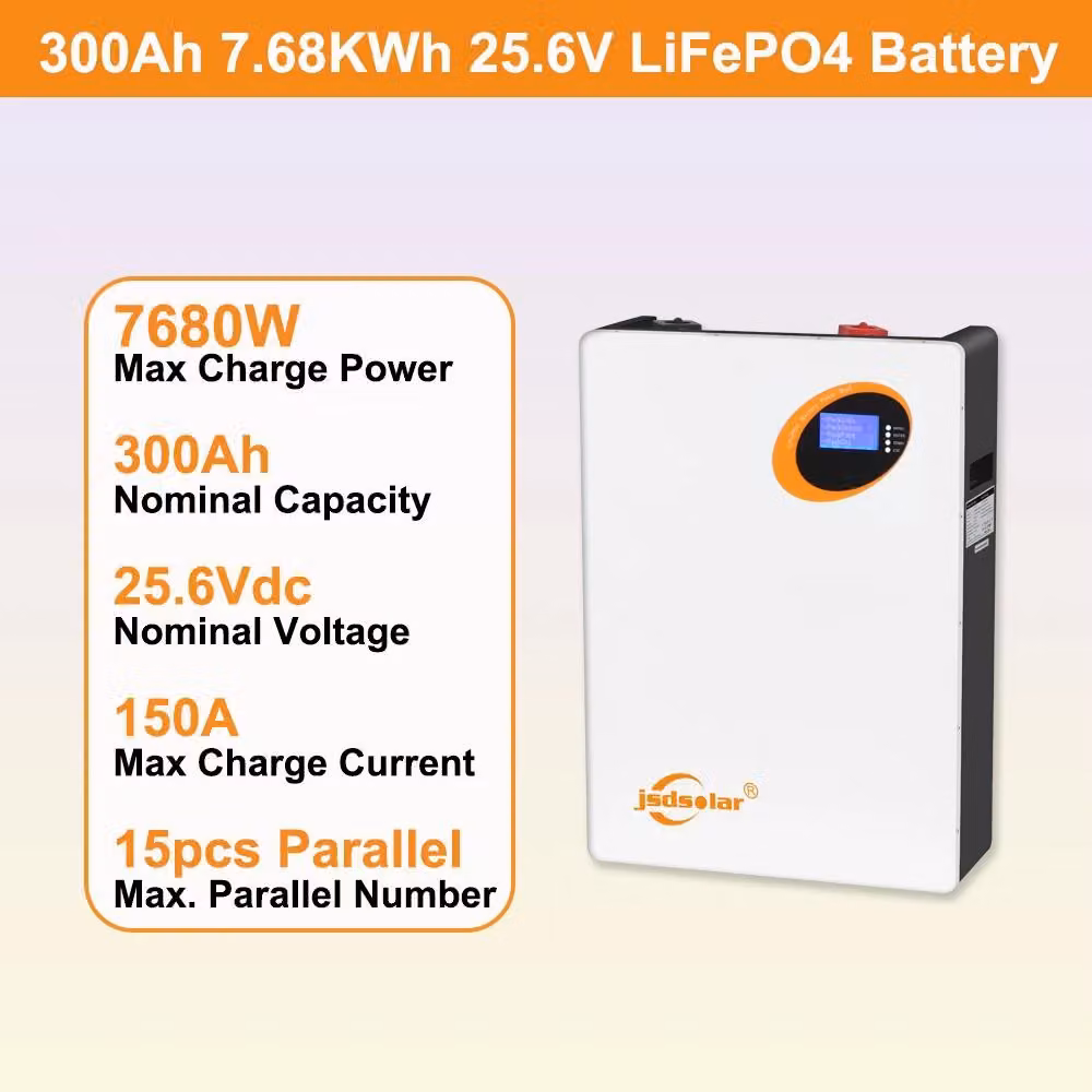 Accumulo di energia solare - Batteria LiFePO4 - 25,6 V - 300 Ah - 7,68 kWh - 150 A - Oltre 6000 cicli di carica - CAN/RS232/RS485
