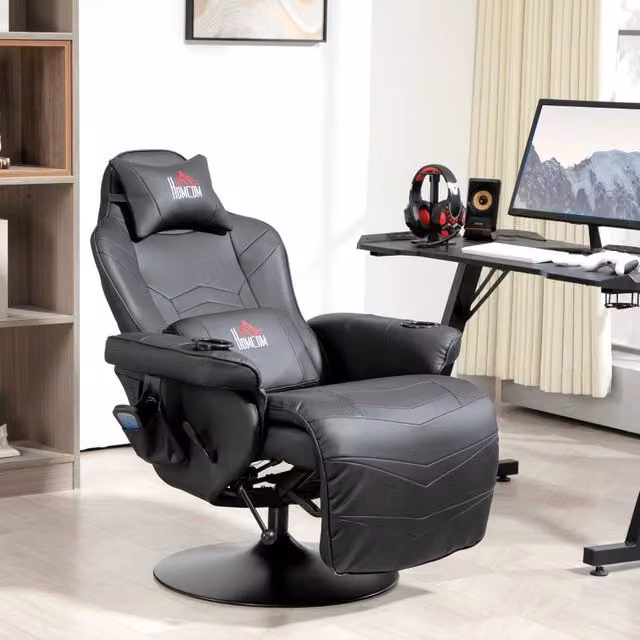 Poltrona gaming WISHDOR reclinabile con poggiatesta e poggiapiedi in ecopelle nera, girevole a 360 gradi, portata massima 120 kg – 1