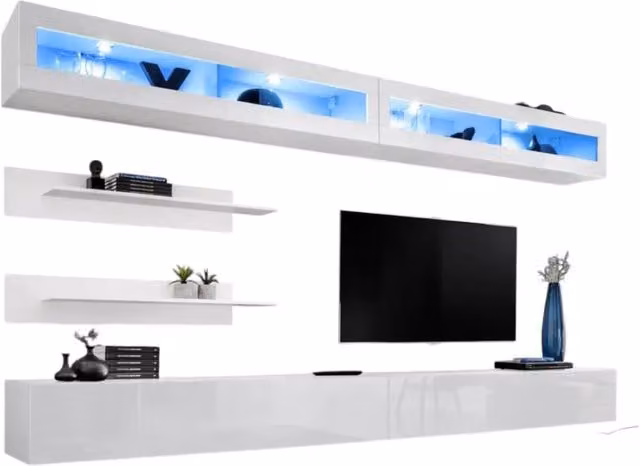 Composizione murale FLY I2 – Mobili sospesi con LED e vetrine – Bianco – Design moderno