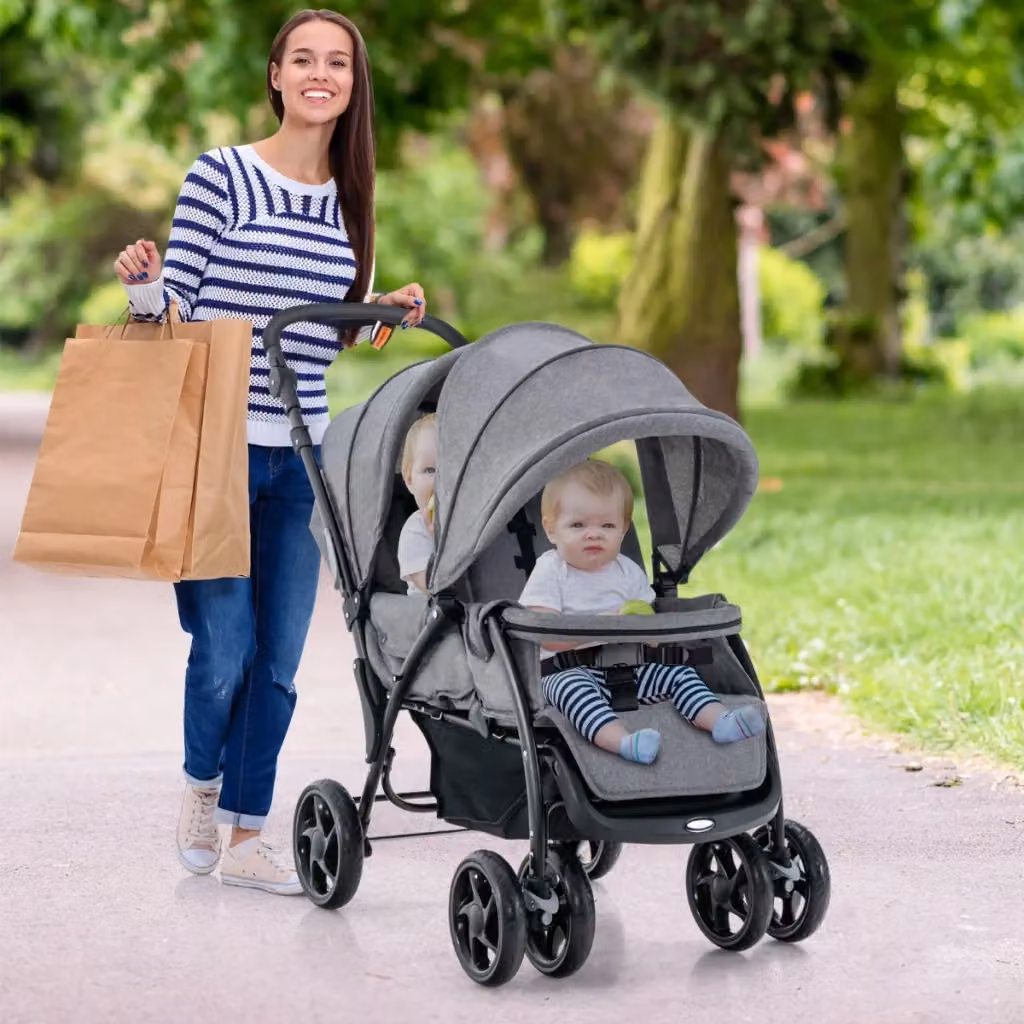Passeggino doppio pieghevole Design Mania Grigio con seduta in tandem e ruote piroettanti – 2
