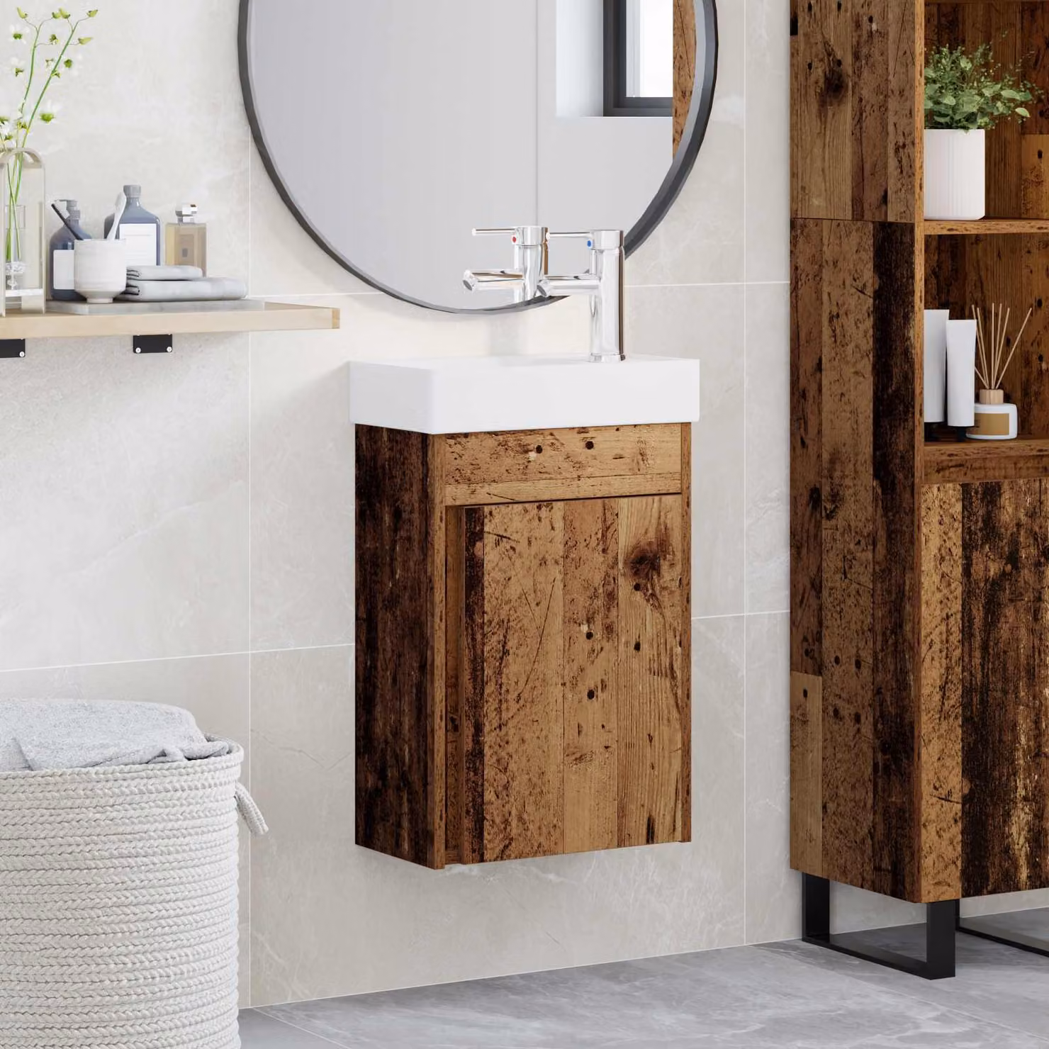 Mobile bagno con rubinetto vidaXL in legno antico, L: 40,5 cm, P: 22,5 cm, H: 62 cm