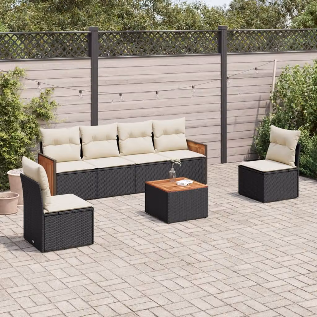 vidaXL Set Divani da Giardino in Polyrattan Nero con 7 Cuscini e Tavolino da Esterno – 1