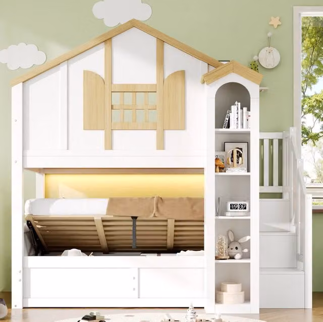 Letto a castello MODFU per bambini in legno e MDF bianco con letto inferiore sollevabile, scala contenitore e illuminazione LED, L/P: 90 x 200 cm