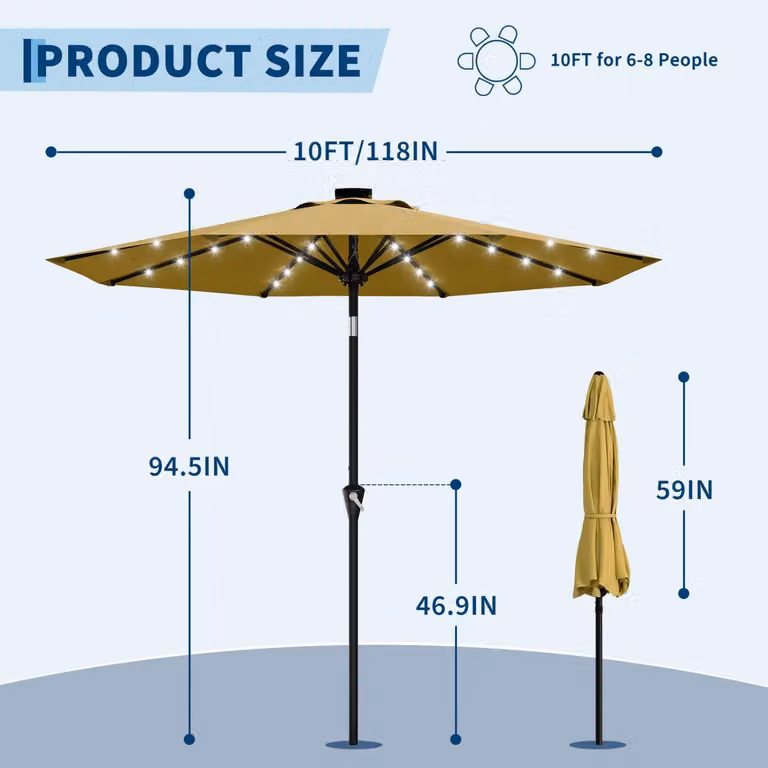 Ombrellone da giardino solare - 300 cm - con illuminazione LED - meccanismo di inclinazione a manovella - 8 robusti supporti - colore giallo