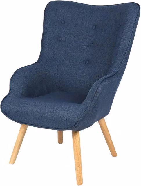 Poltrona da salotto in tessuto denim blu con piedi in legno collezione ENJOY. Stile scandinavo