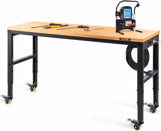 Banco da lavoro per officina e garage, regolabile da 80 a 105 cm, piano in quercia 155x51 cm, robusto e multifunzionale, modello O6120L