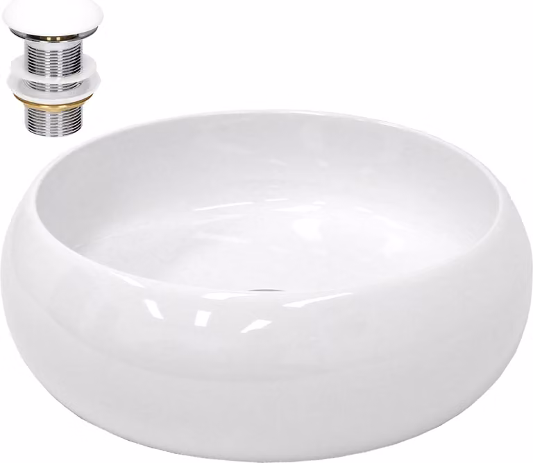 Lavabo LuxeBath Lavabo da appoggio rotondo, Ø35x12 cm, bianco, in Vetroceramica, incl. set di scarico senza troppopieno