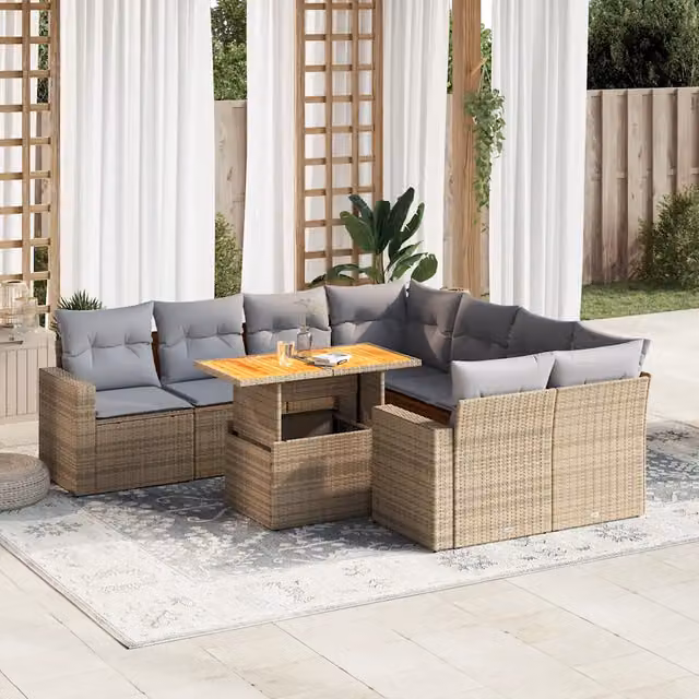 Set Divano da Giardino a L vidaXL in Polyrattan con Cuscini Beige e Grigio e Tavolino da Esterno