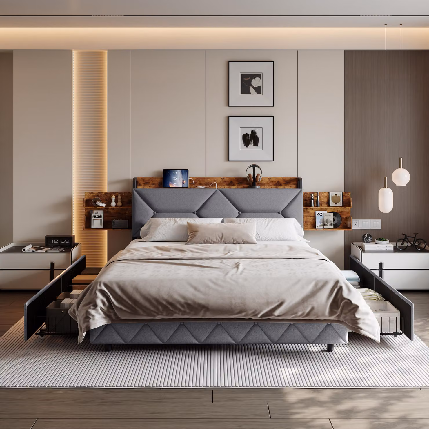 UnboxG Letto imbottito 160x200cm, letto matrimoniale con USB/Type-C e 4 cassetti, letto contenitore letto giovanile con rete a doghe, letto funzionale letto in legno massiccio, biancheria, grigio