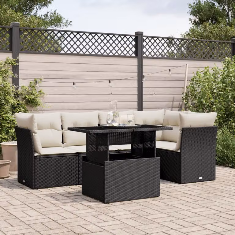 Set Divano da Giardino vidaXL 6 pz con Cuscini e Tavolino, Design Moderno a L in Polyrattan Nero e Bianco con Struttura in Acciaio Verniciato a Polvere