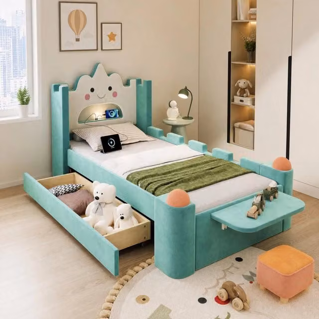 Letto singolo imbottito per bambini 90x200 cm con testiera a nuvola; lampada LED USB; cassetto e ripiano; blu verde