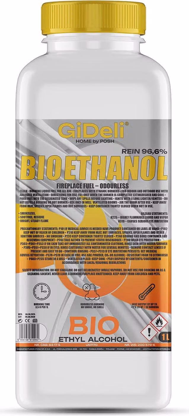 Bioetanolo inodore 96,6% 1L per caminetti universali senza fumo e senza fuliggine GiDeli