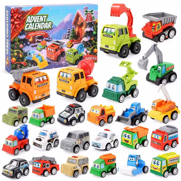 Calendario dell'Avvento con 24 macchinine giocattolo a tema cartone animato, colorate, adatto a bambini dai 3 anni in su