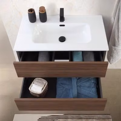 Mobile bagno sospeso Kleo Inbagno color noce con cassetti e ante soft-close L: 80 cm – 2