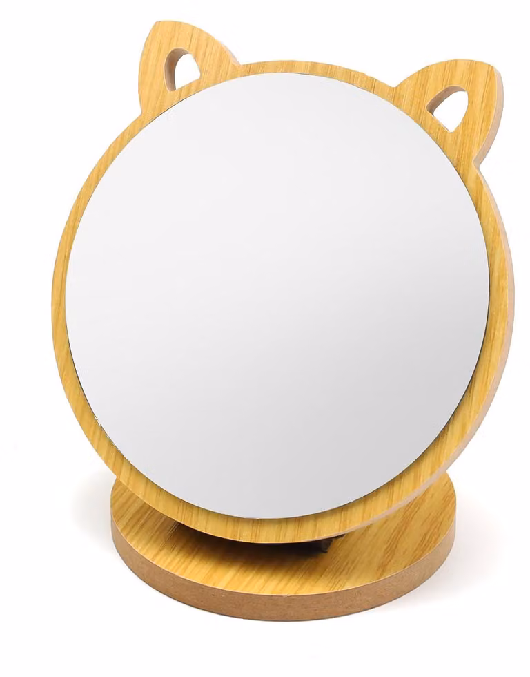 Specchio pieghevole con orecchie a forma di gatto, base in legno, regolabile, 15x13,5 cm