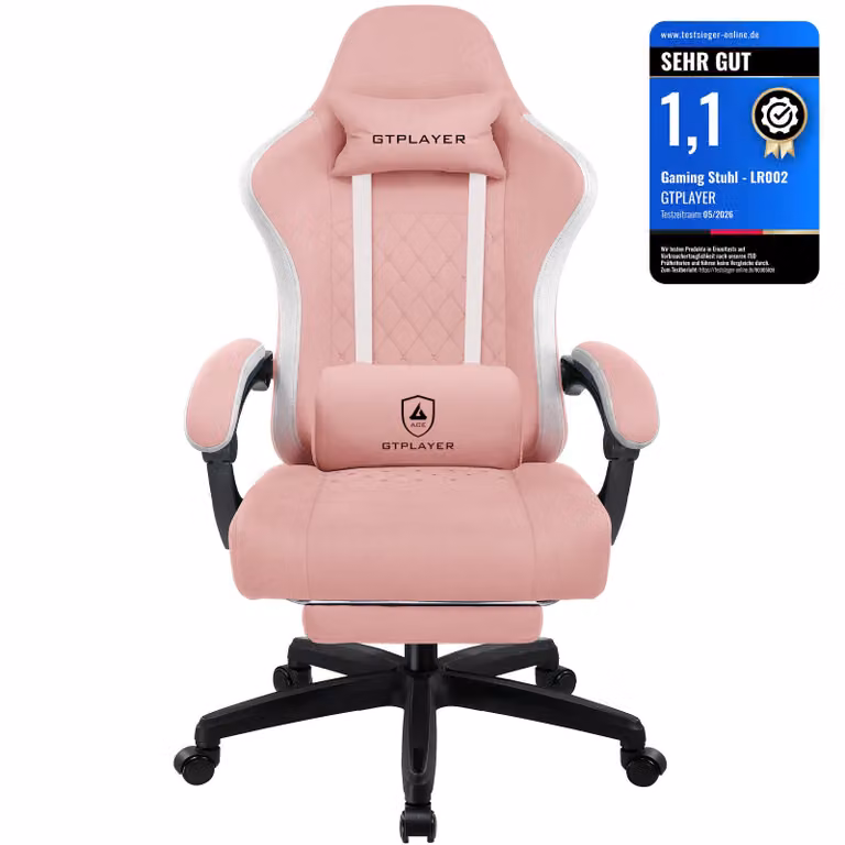 GTPLAYER Sedia da gioco Poltrona ergonomica da gioco Sedia da scrivania PC Gamer Sedia da corsa con superficie in tessuto, cuscino di seduta in piuma con poggiapiedi rosa