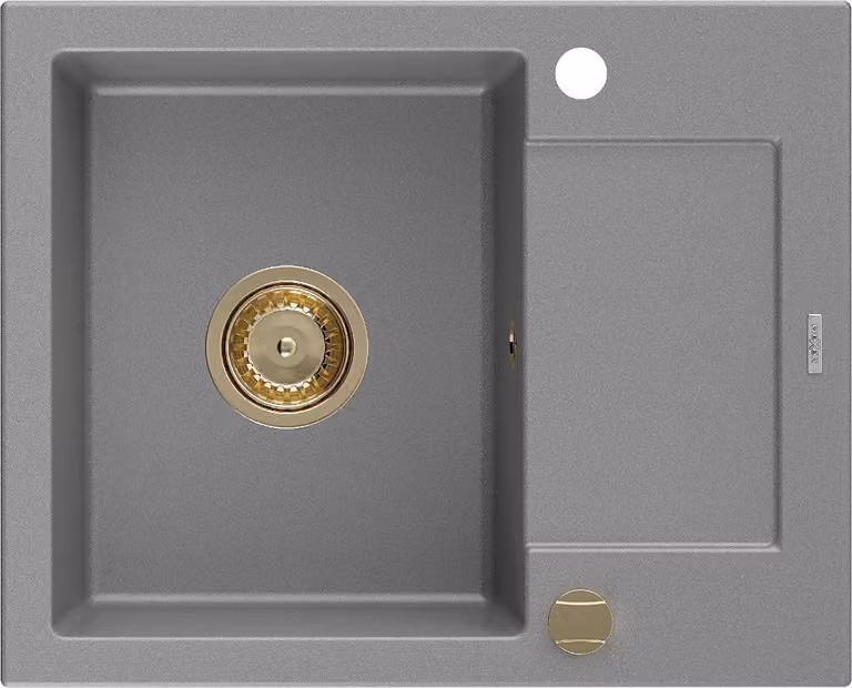 Mexen Enzo lavello in granito 1 vasca con gocciolatoio 576 x 465 mm, grigio, sifone dorato - 6506571005-71-G