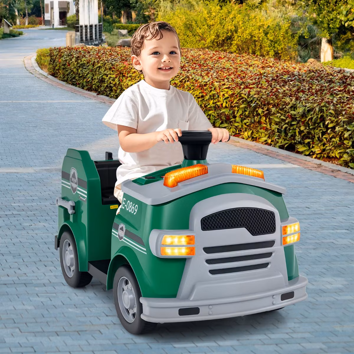 Costway Auto elettrica per bambini 12V Camion dei pompieri Verde con ruote antiscivolo e accessori