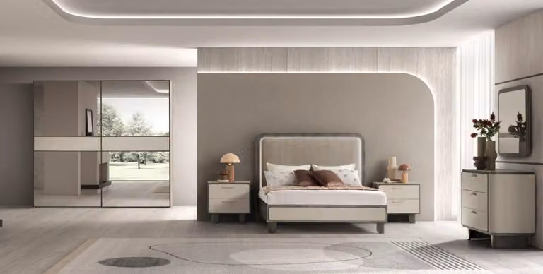 Elegante mobile per camera da letto Letto matrimoniale beige 2 comodini Comò