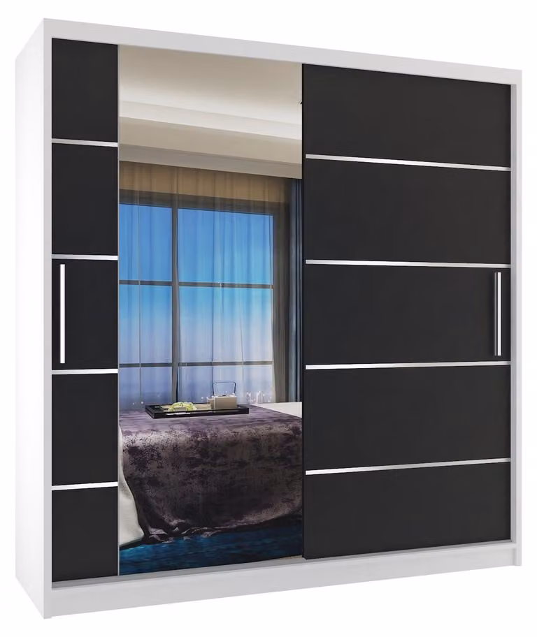 BELINI Verona, armadio scorrevole da 158 cm, bianco/nero opaco - armadio con specchio e 2 cassetti, ideale per la camera da letto