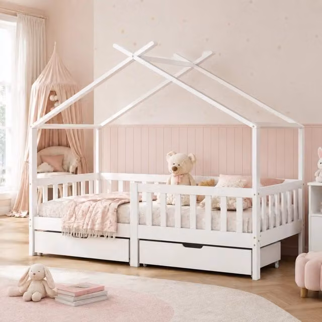 Letto a casetta per bambini 90x200 cm con 2 cassetti; sponde di sicurezza e doghe in legno; bianco