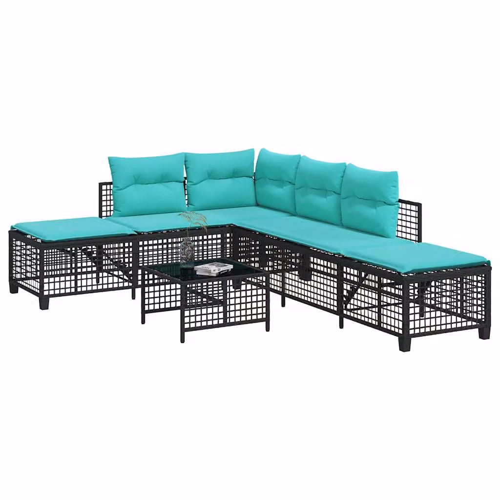 Set divano angolare da giardino vidaXL a 3 pezzi con tavolino in vetro e cuscini, design moderno a L con struttura in metallo e rattan nero