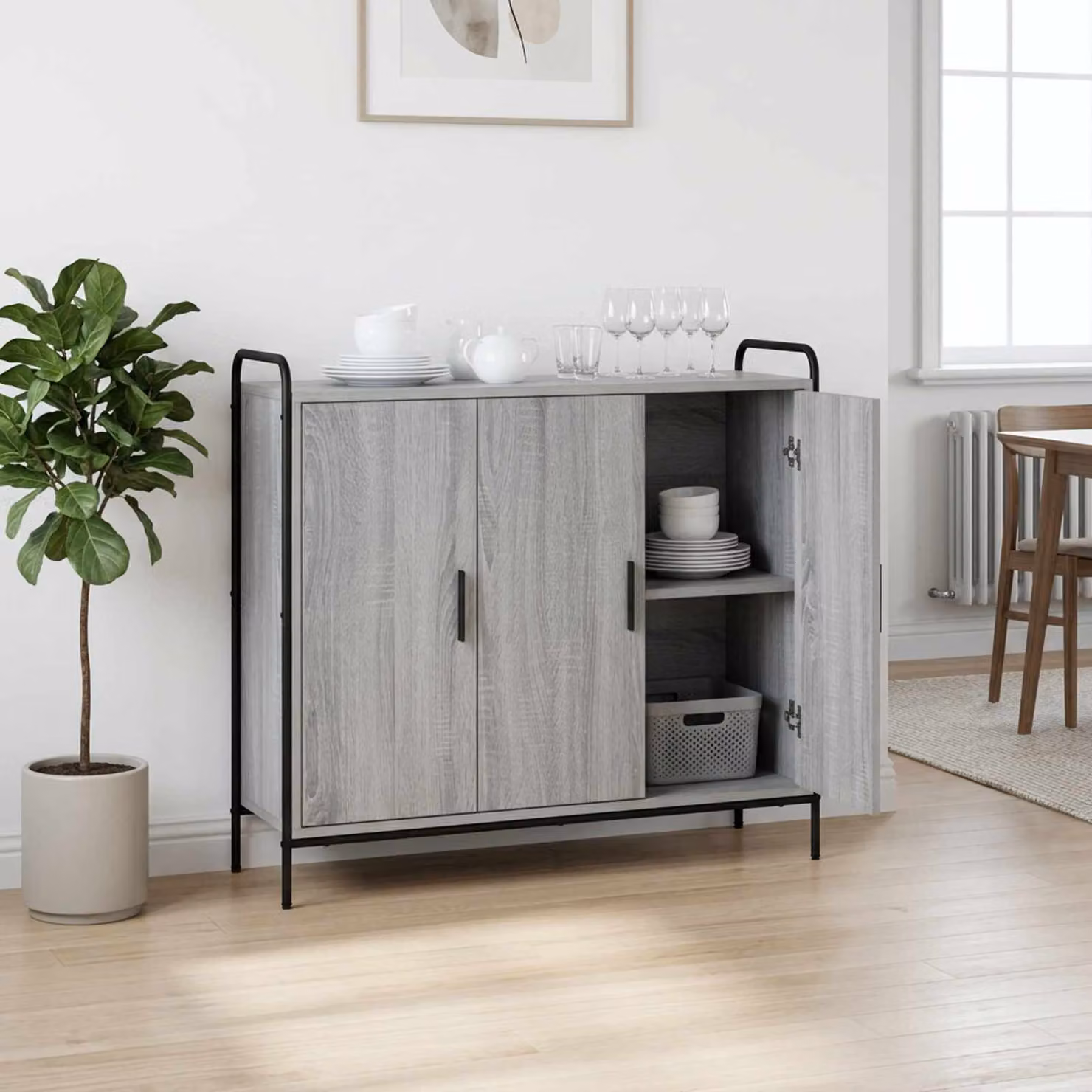 Credenza moderna vidaXL in legno ingegnerizzato e metallo, colore grigio, L 97 x P 33 x H 81 cm