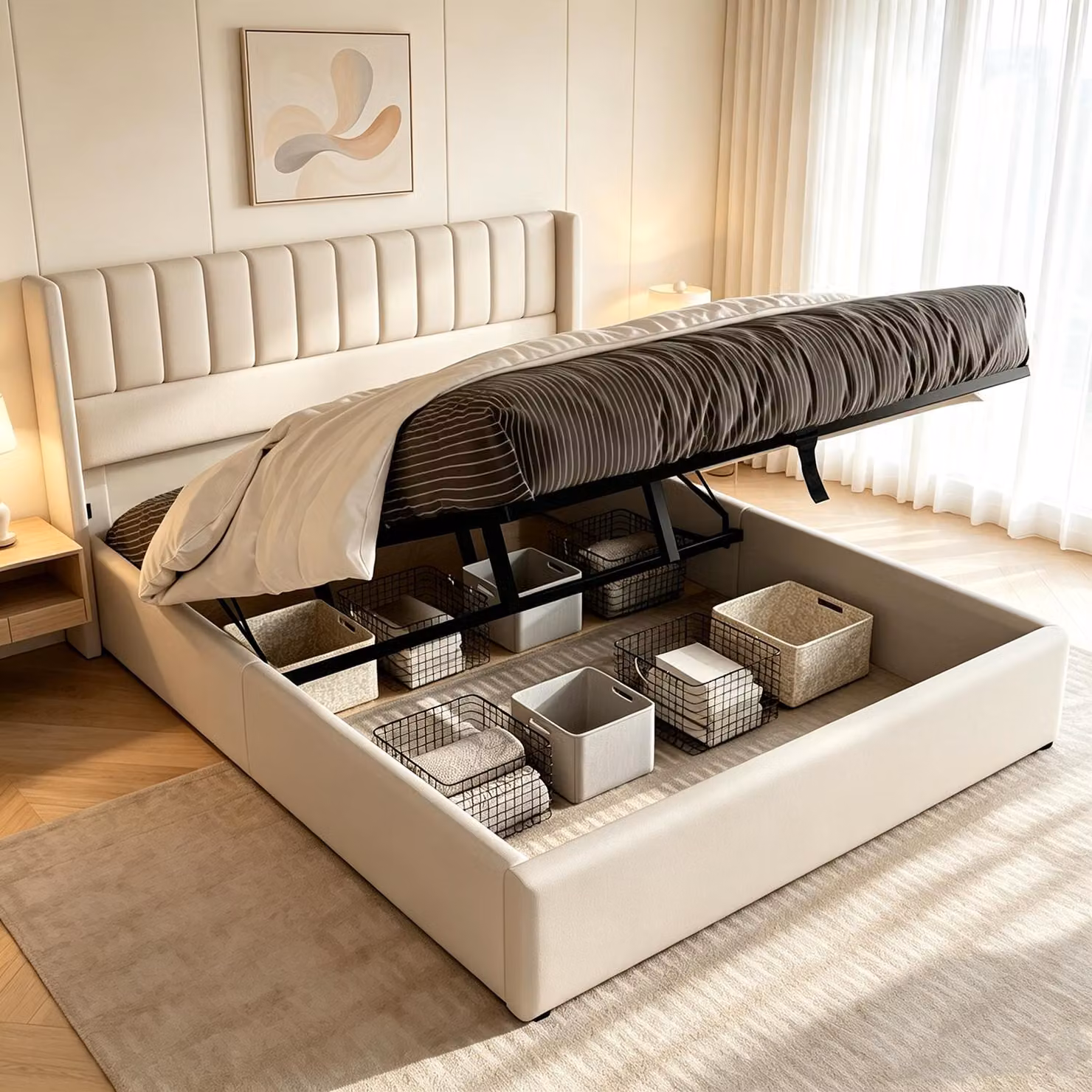 Letto imbottito INONEFT, 160 x 200 cm, con meccanismo a sollevamento idraulico, rete a doghe e contenitore, rivestito in lino, senza materasso, color beige