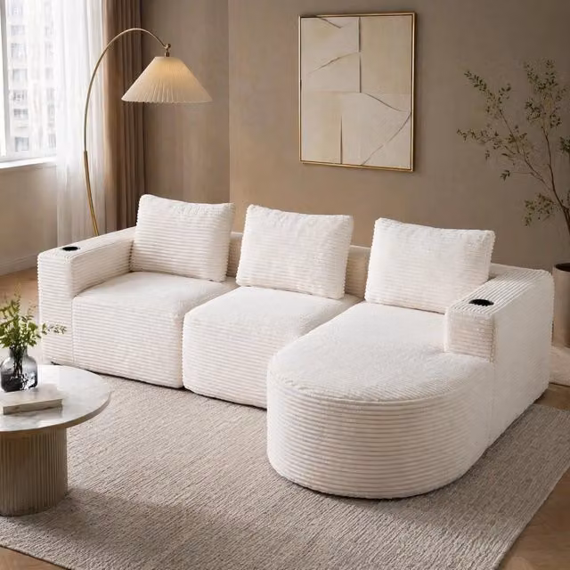Divano angolare a L Mivray beige con cuscini e portabicchieri per soggiorno o ufficio in casa