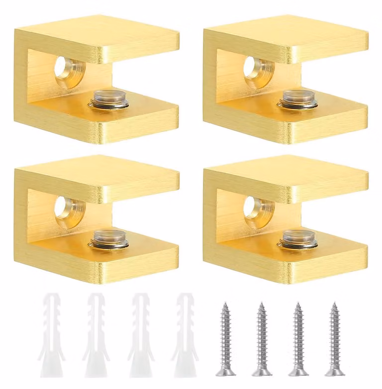 Omgoods - Supporti per mensole a mensola a L, confezione da 4 - Morsetti regolabili per vetro - Ottone con guarnizioni in gomma - Supporti per mensole senza foratura - Adatti per vetri da 8-10 mm - Spessore totale: 18,5 mm