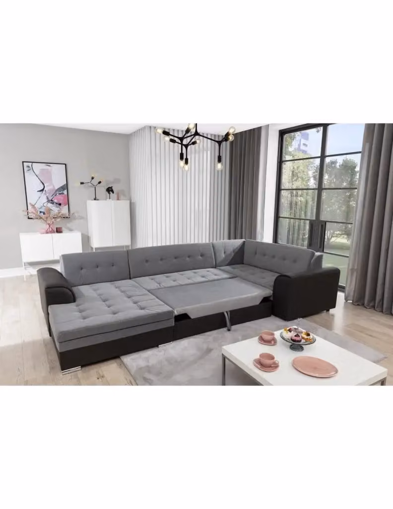 Divano panoramico convertibile CALDERO MEUBLORAMA a 5 posti con angolo sinistro, grigio e nero, con funzione letto e 4 cuscini, L: 338 cm, P: 189 cm, H: 78 cm – 2