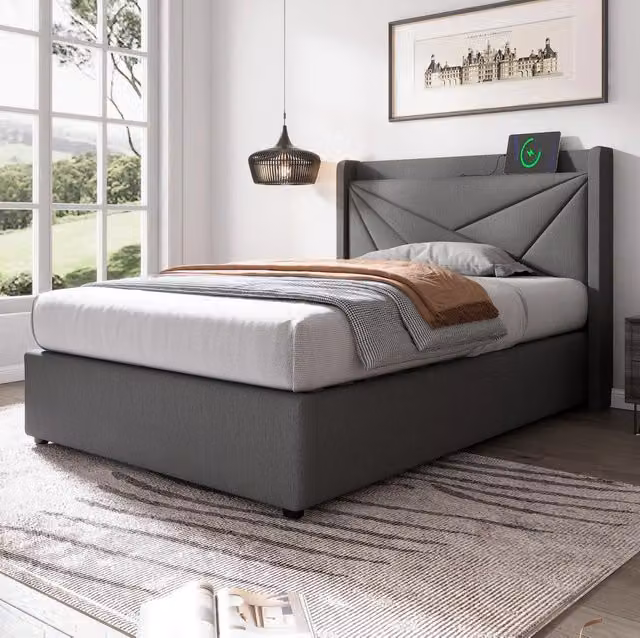 Letto singolo contenitore 90x200 cm con USB C e USB; testiera geometrica; grigio