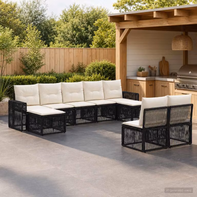 Maison Exclusive - Set da giardino composto da 9 pezzi. Divano e poltrone in rattan sintetico, colore nero e crema