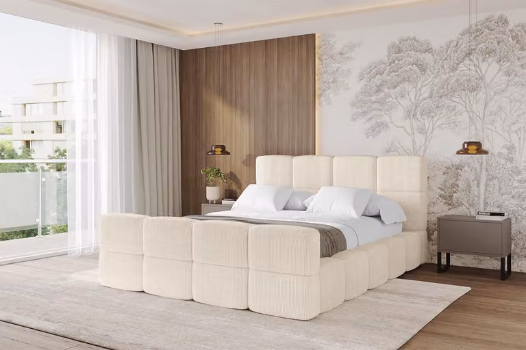 Letto imbottito ALTDECOR con contenitore - NATA-Z 160x200 beige, letto con testiera, letto contenitore senza materasso, letto matrimoniale con spazio contenitivo