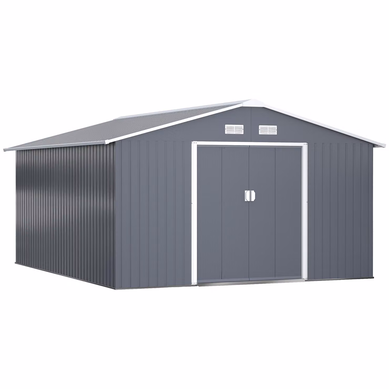 Capanno per attrezzi in metallo Moonbite, con fondamenta, di 12,4 m², giardino con tetto a falda, porte scorrevoli e 4 aperture per finestre, dimensioni del capanno: 340 × 386 × 200 cm, colore grigio