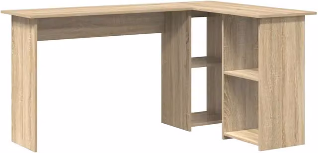 Scrivania moderna rettangolare in legno color rovere e beige, L: 142 cm, P: 102 cm, H: 73 cm