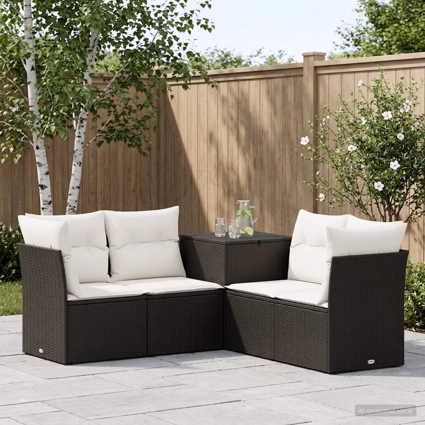 Set di divani da giardino a L vidaXL in polyrattan nero e bianco crema con cuscini inclusi