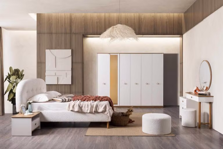 Letto, comodino, armadio, toletta, specchio, sgabello, stile moderno