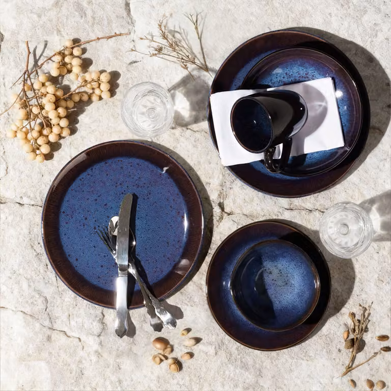 Set di stoviglie Mare Tectake in stoneware per 6 persone, 30 pezzi, blu e marrone