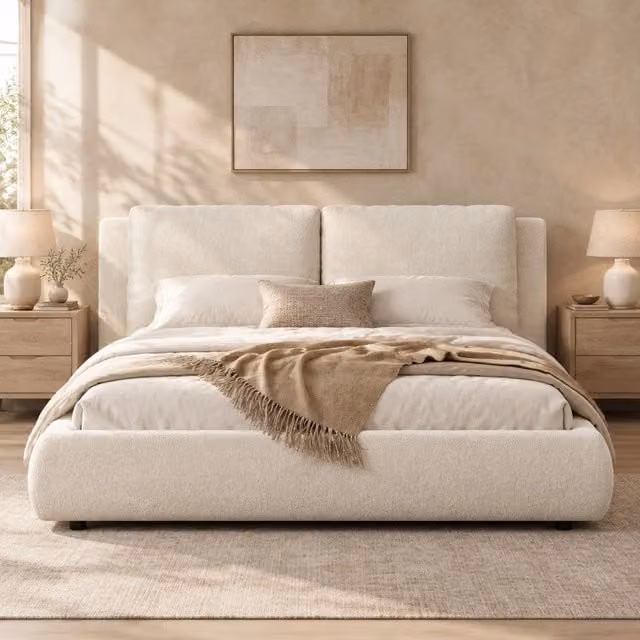 Letto matrimoniale imbottito 180x200 cm con contenitore, rete a doghe e testiera in bouclé beige
