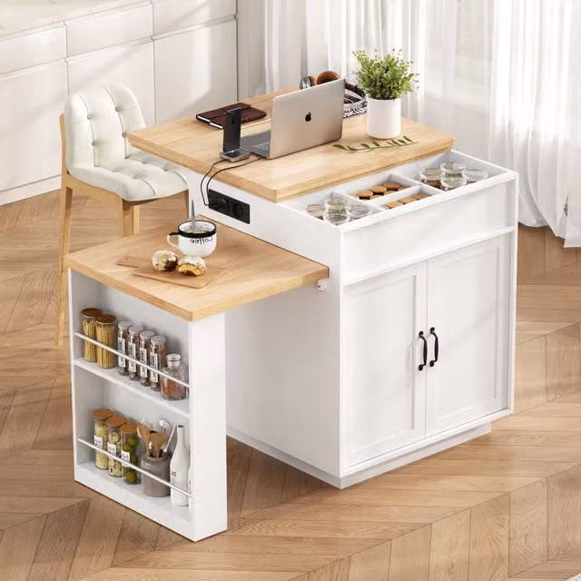 Desviae Tavolo da pranzo allungabile per 4 persone con LED e ricarica USB Type-C ruote nascoste MDF e PB bianco